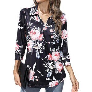 Women Black Floral Blouse Collared V Neck Shirt Loose Fit Top Public Occasion